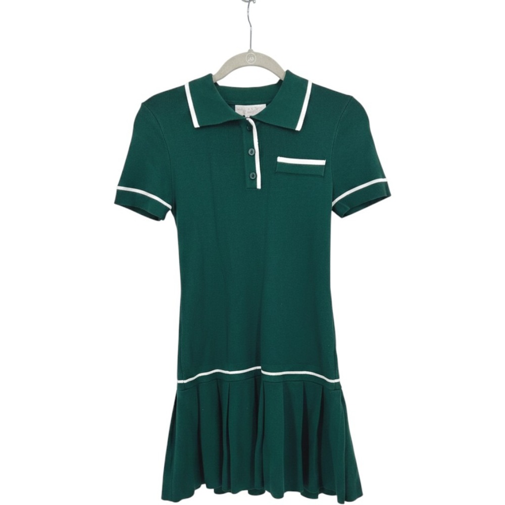 Caroline Constas Green Knit Polo Dress Pleated Tennis Style White Trim Small NWT